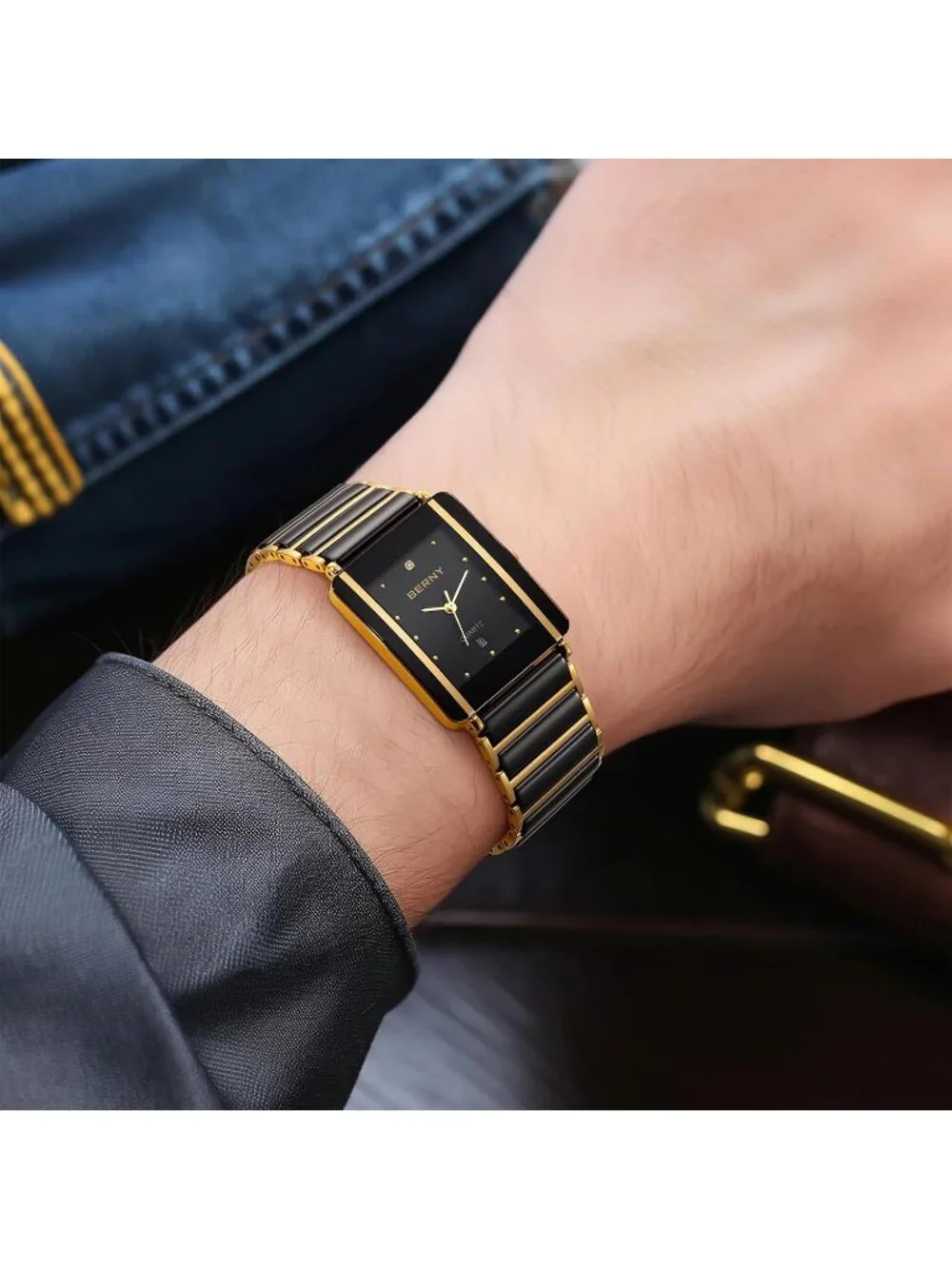Men’s Black Gold Ceramic Bracelet Quartz Stainless Steel Case Wrist Watches